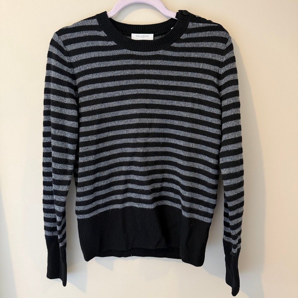 Equipment Femme Black Silver Metallic Striped Wool Blend Shoulder Button Sweater